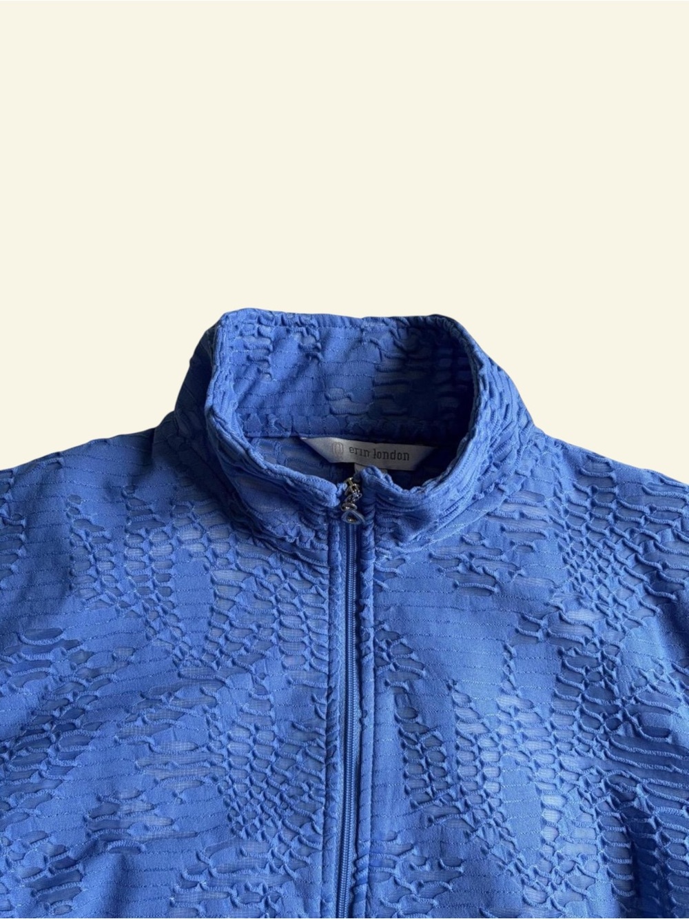 Vintage Erin London Y2K Blue Sheer Burnout Zip Jacket Mock Neck Plisse Mesh PS - Picture 3 of 8